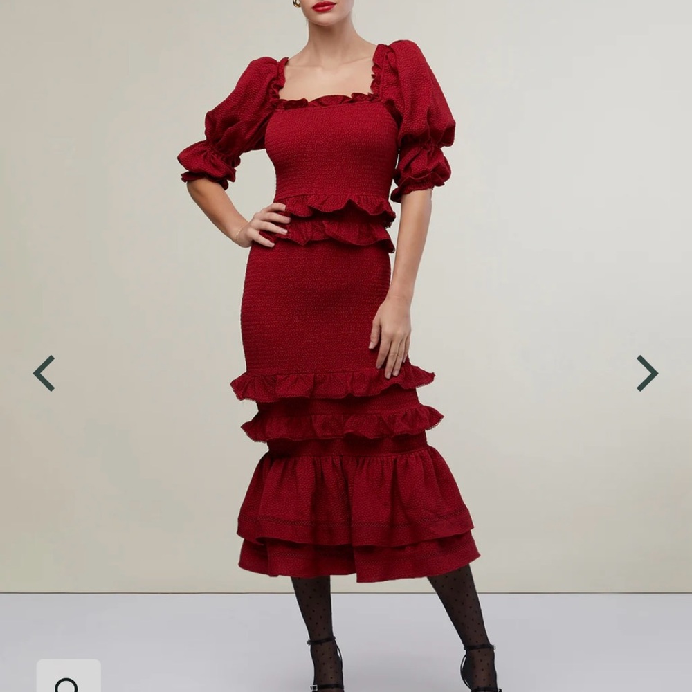 Rachel Parcell Red Ruched Puff Sleeve Midi Dress